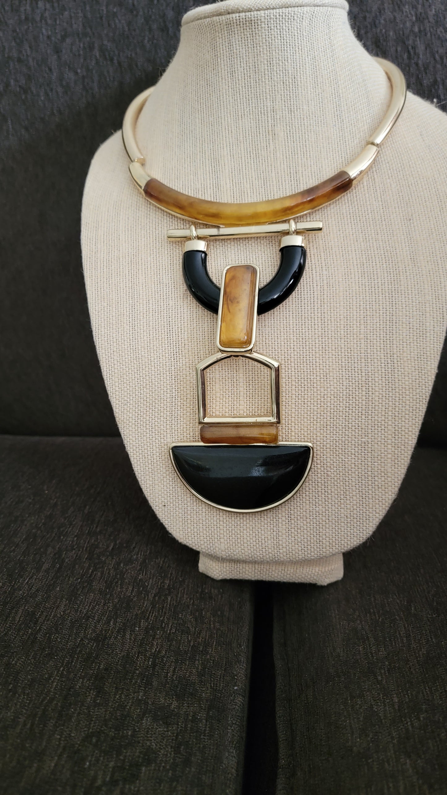 Amber and Onyx Gold Statement Necklace Jeweled