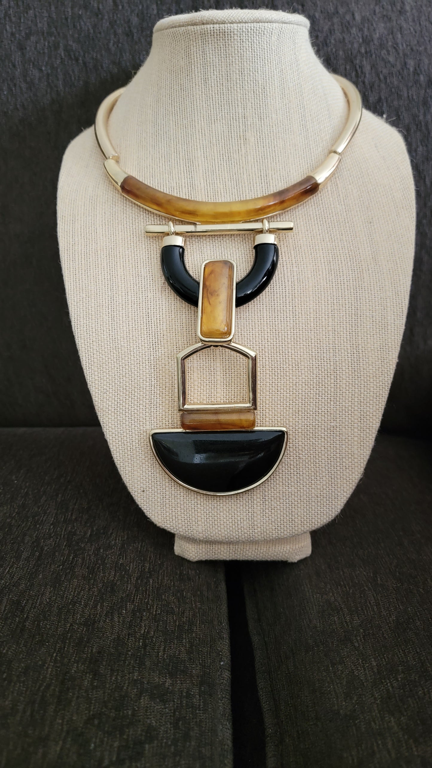 Amber and Onyx Gold Statement Necklace Jeweled