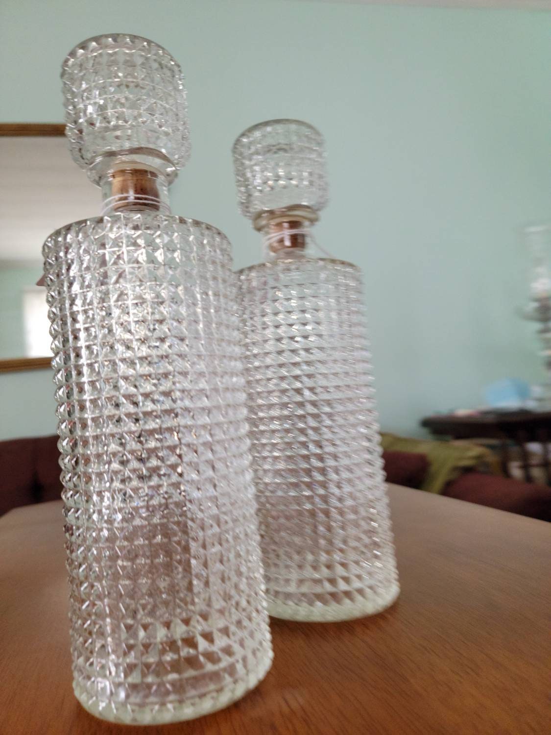 Diamond Cut Matching Set Whiskey Decanters Vase, Vintage 1970s Decor