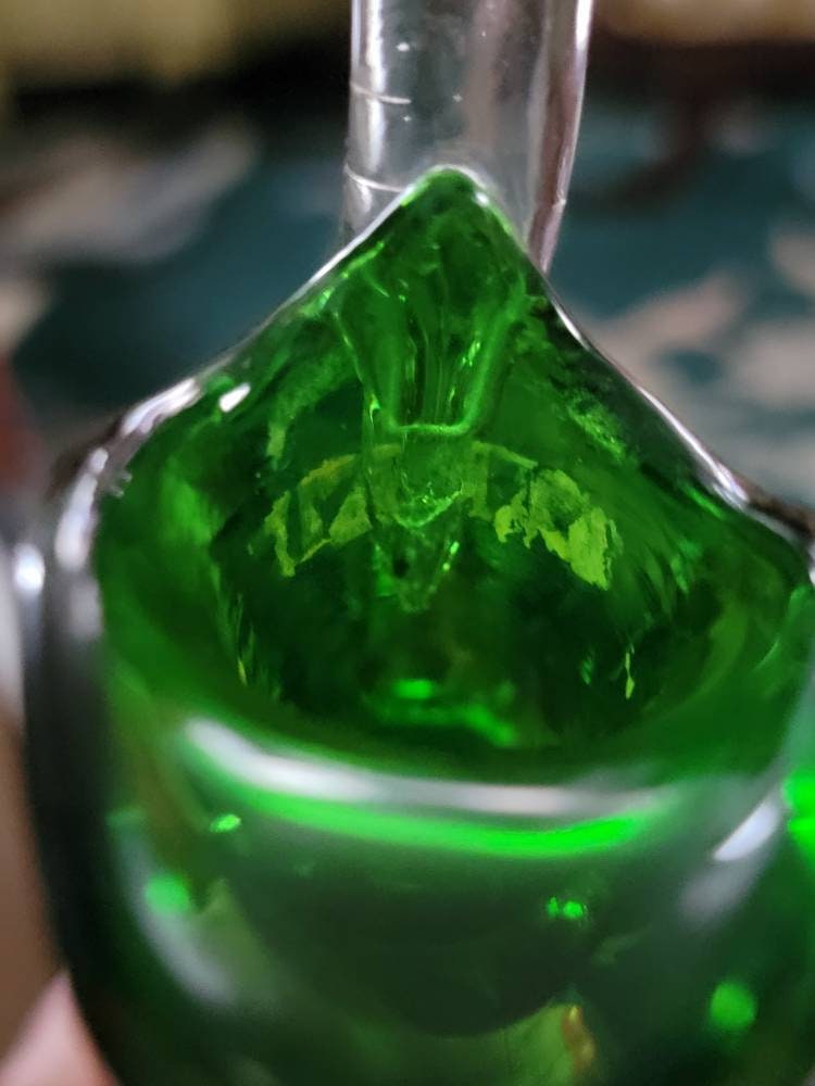 Green Slender Glass Vintage Decanter Vase Egyptian Gold Detail Decor