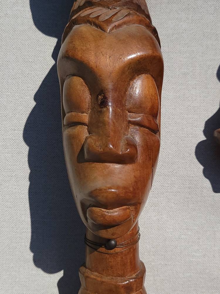 Tribal Wooden Carved Statues African Excellent Detail Pair, Set of two detailed heads Decor