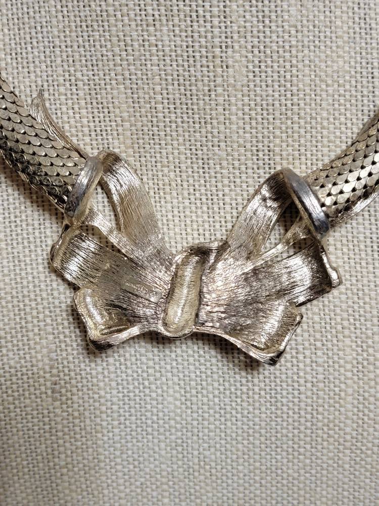 WHITING & DAVIS Gold mesh Bow Statement Necklace Vintage Jeweled