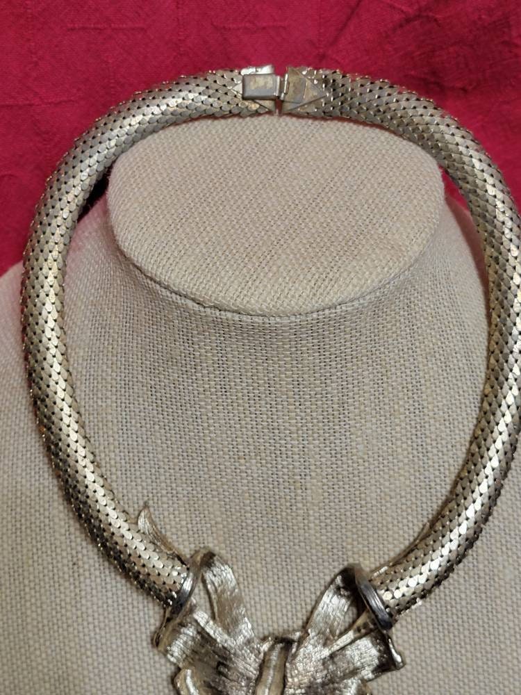 WHITING & DAVIS Gold mesh Bow Statement Necklace Vintage Jeweled