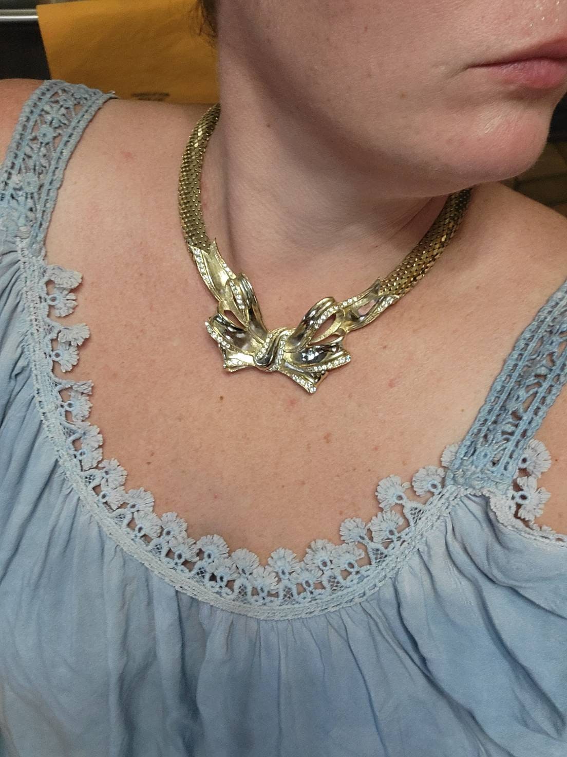 WHITING & DAVIS Gold mesh Bow Statement Necklace Vintage Jeweled