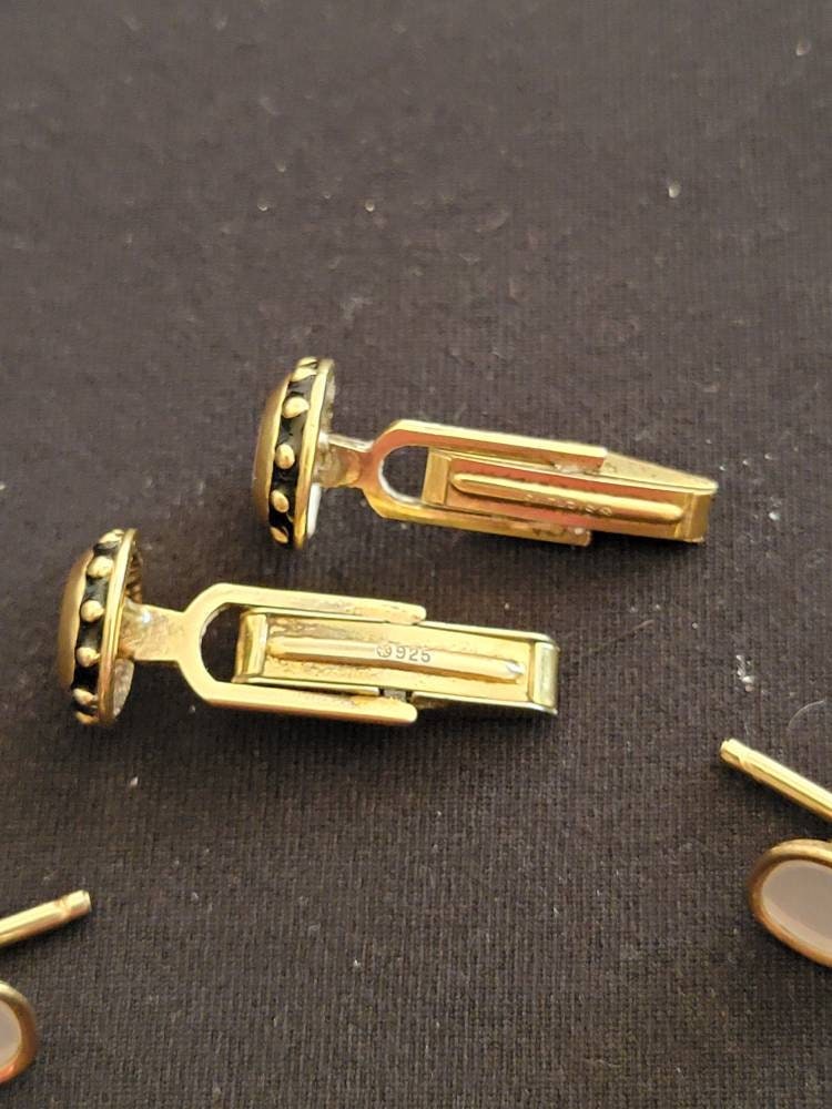 Mother of Pearl Sterling Silver Vintage Cuff Links and Mother of Pearl Spring Back Studs Jeweled