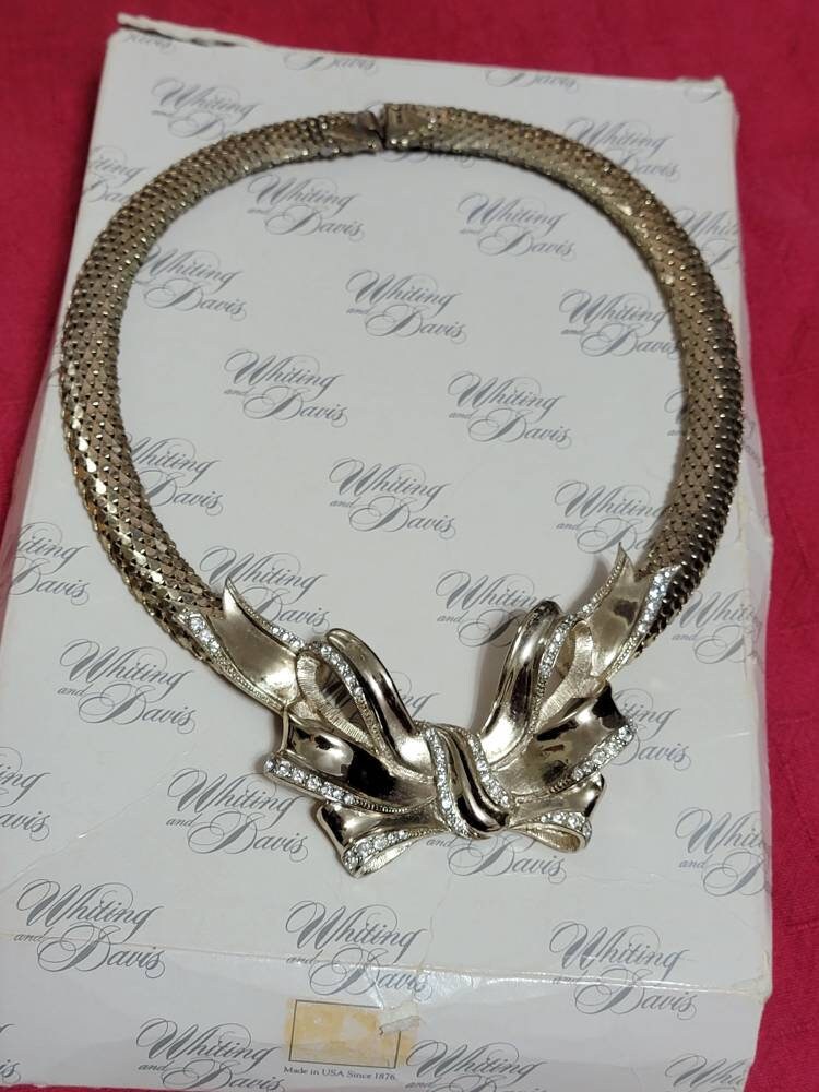 WHITING & DAVIS Gold mesh Bow Statement Necklace Vintage Jeweled
