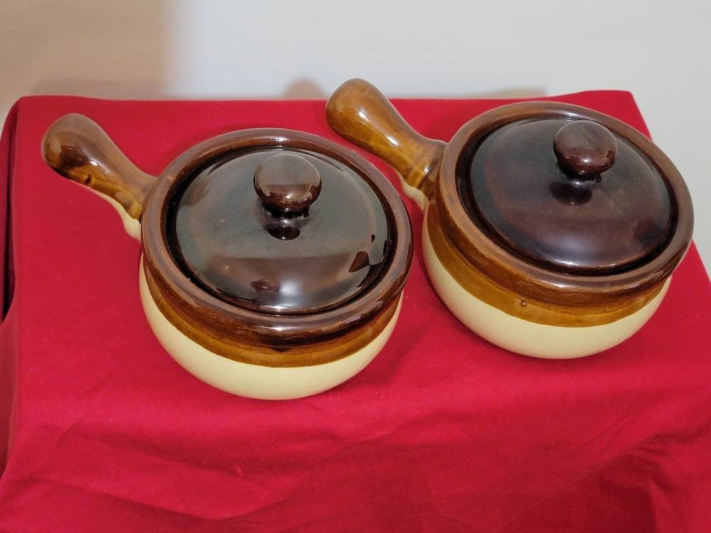 French Onion Soup Bowl Clay Soup Bowl, Stoneware Crock, Brown Drip Bowl,  Mid Century Retro Ceramic, Retro Dinnerware, Lidded Bowl Set