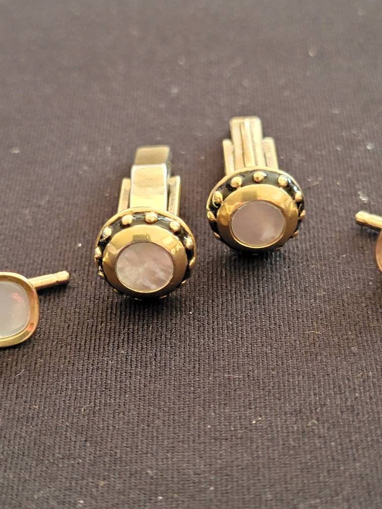 Mother of Pearl Sterling Silver Vintage Cuff Links and Mother of Pearl Spring Back Studs Jeweled
