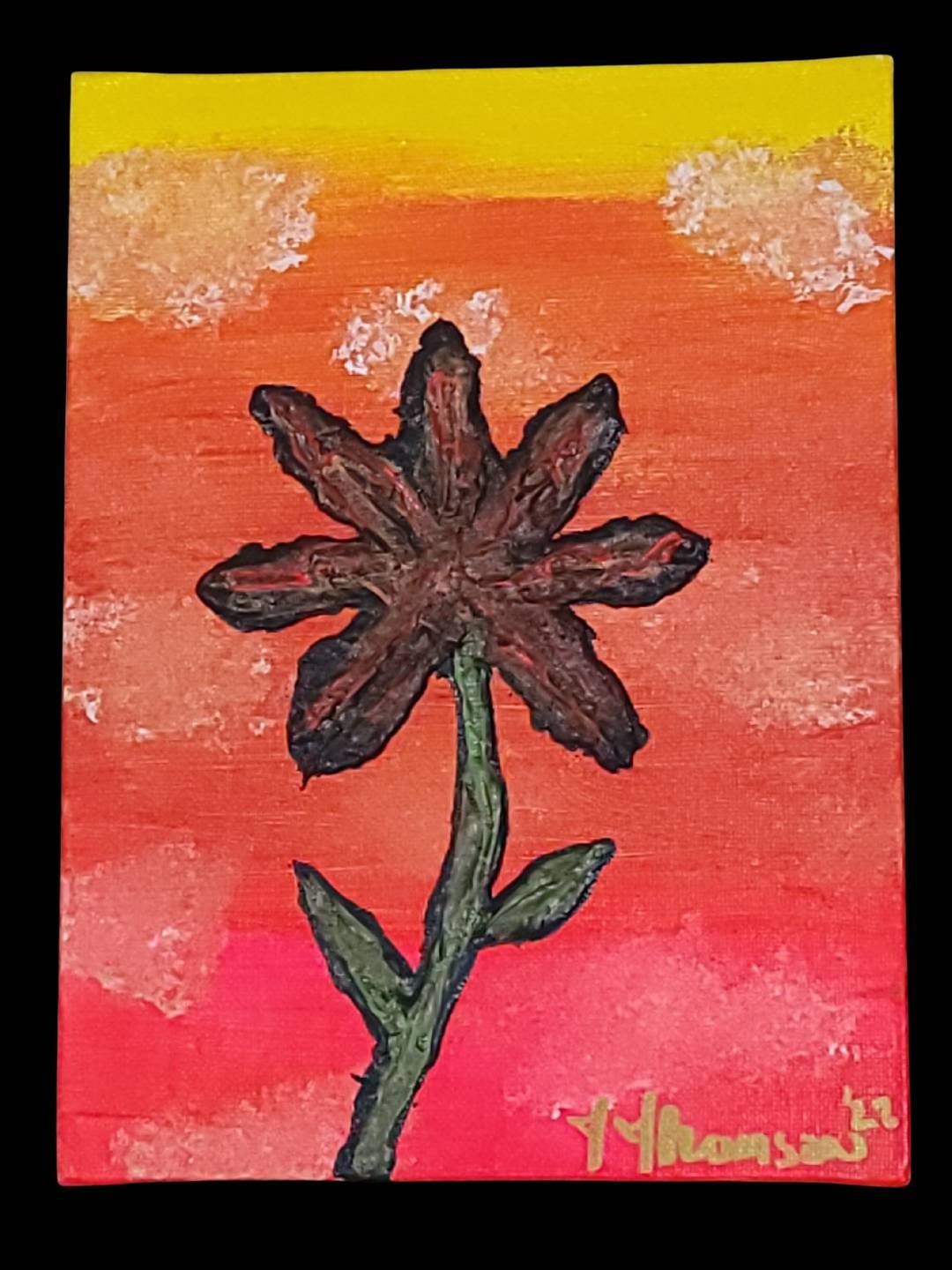 Original Mixed Medium Arcylic on 8"x6" Canvas Board Textured Flower on Vibrant Neon Sky