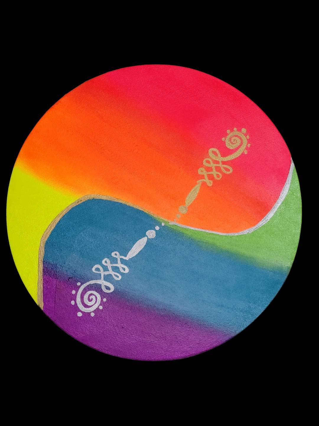 Original Mixed Medium Arcylic on 16" Round Canvas Vibrant Neons Yin Yang Unalome