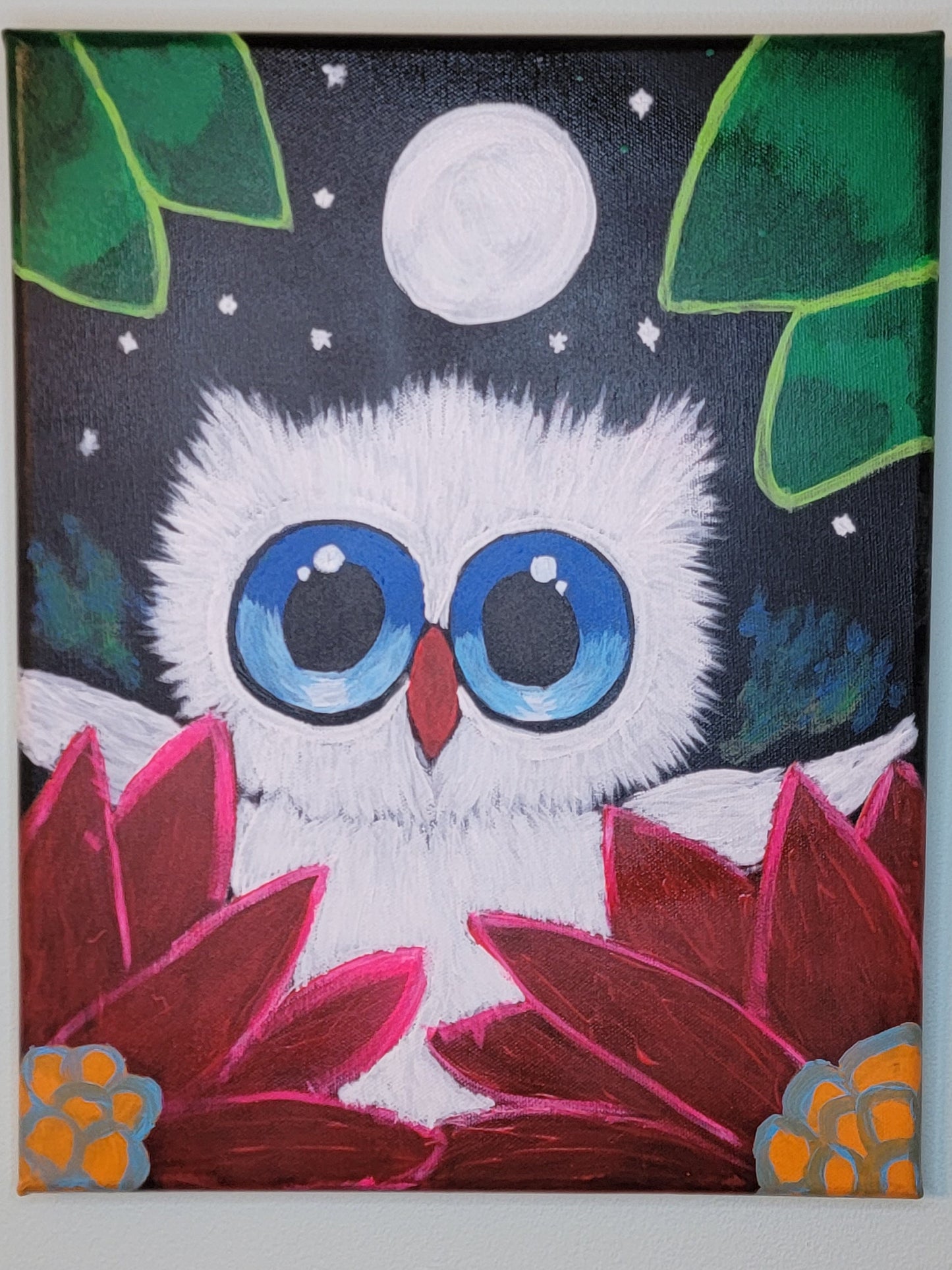Jungle Owl: Mixed Medium Arcylic on 10"× 12" Canvas Vibrant Neons