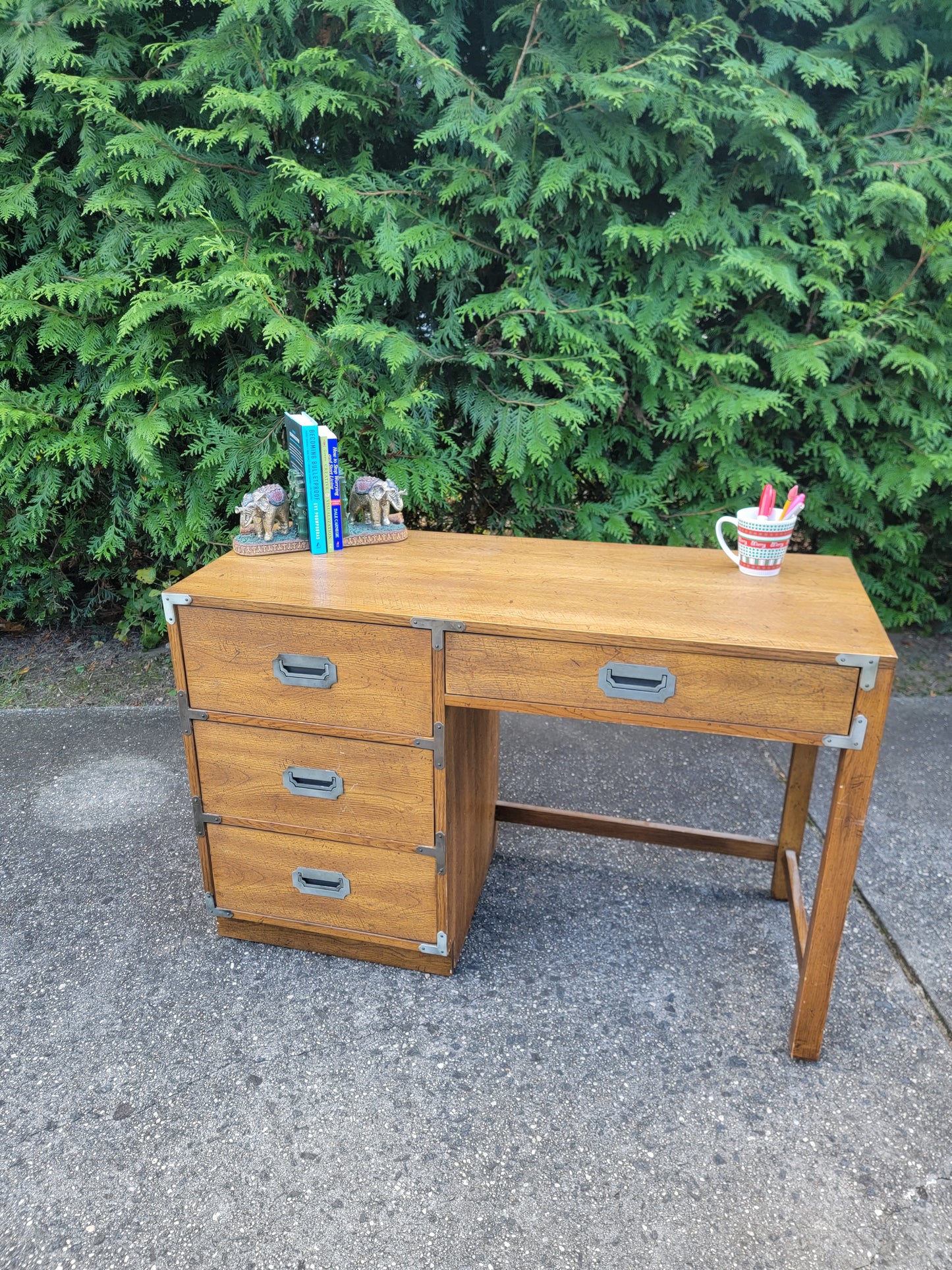 Bernhardt Oak Campaign Style Student Desk, Mid to Late 20th Century Decor