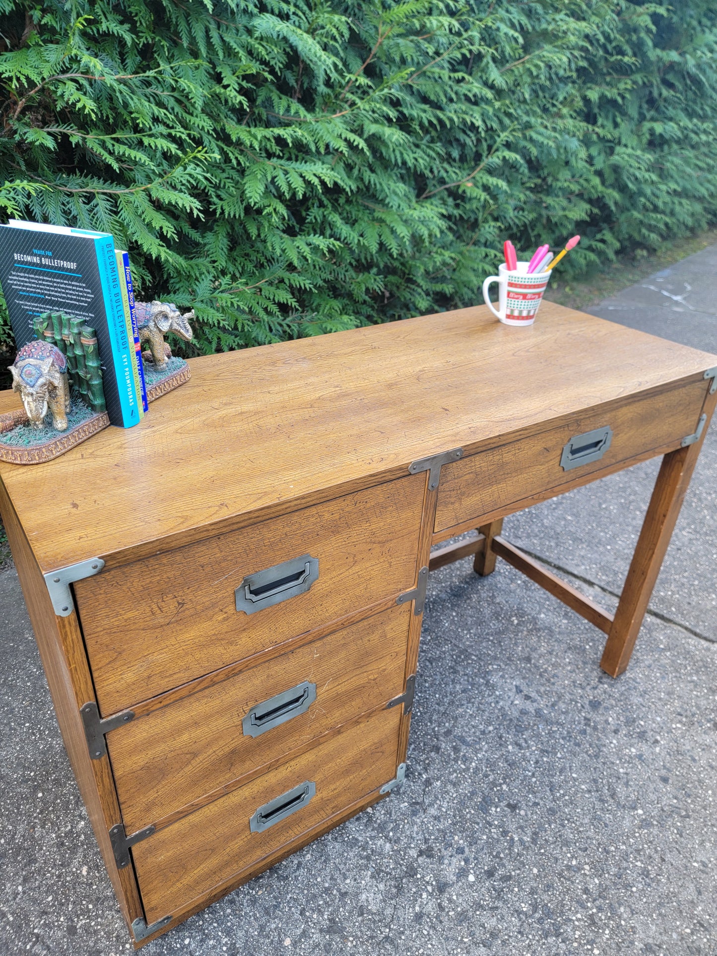 Bernhardt Oak Campaign Style Student Desk, Mid to Late 20th Century Decor