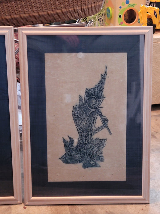 Pair of Balinese Temple Rubbings Framed Artwork Decor