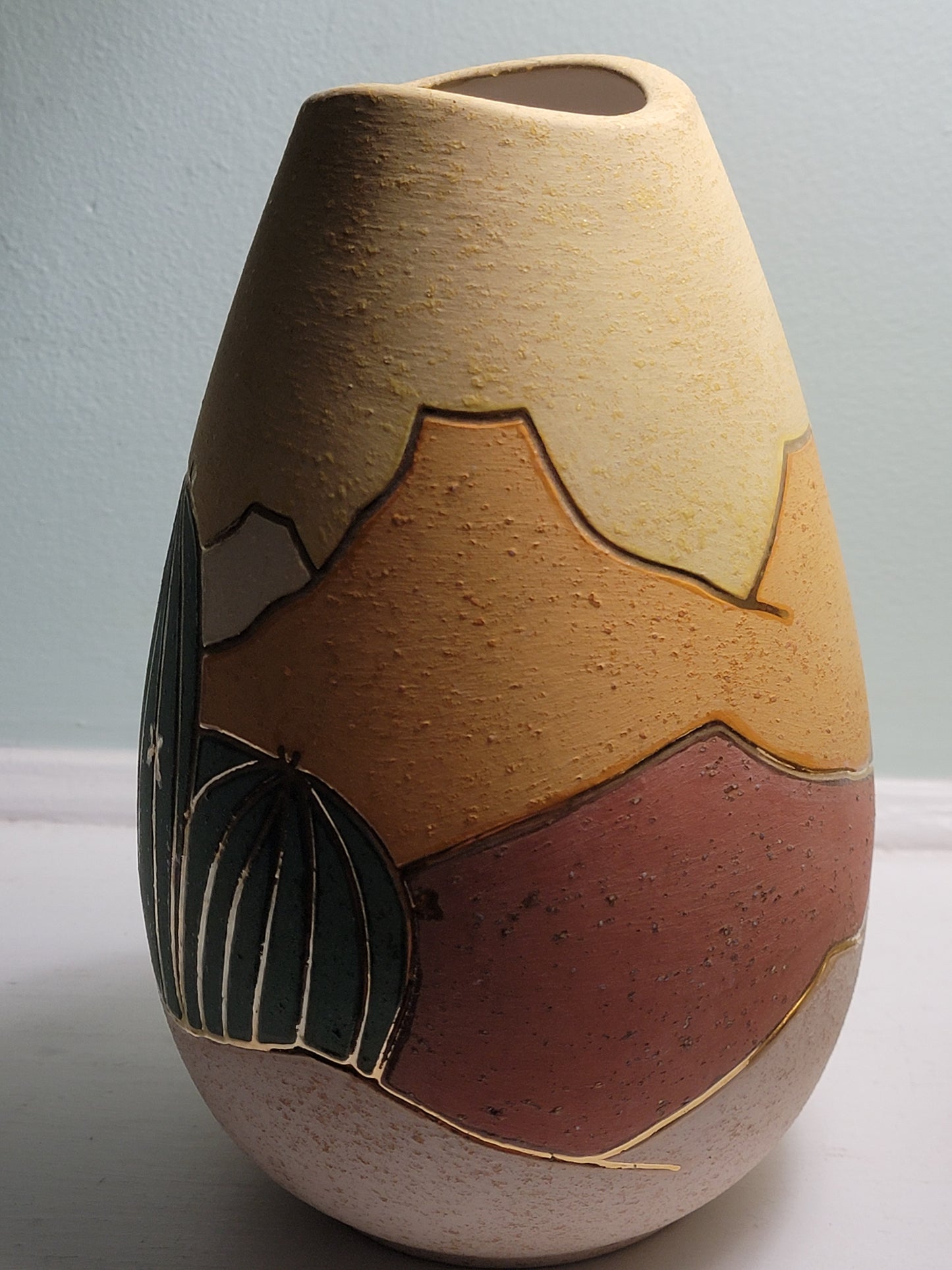 Hand Thrown Decorated Southwestern Style Art Pottery 10" Vase w/Gold Trim