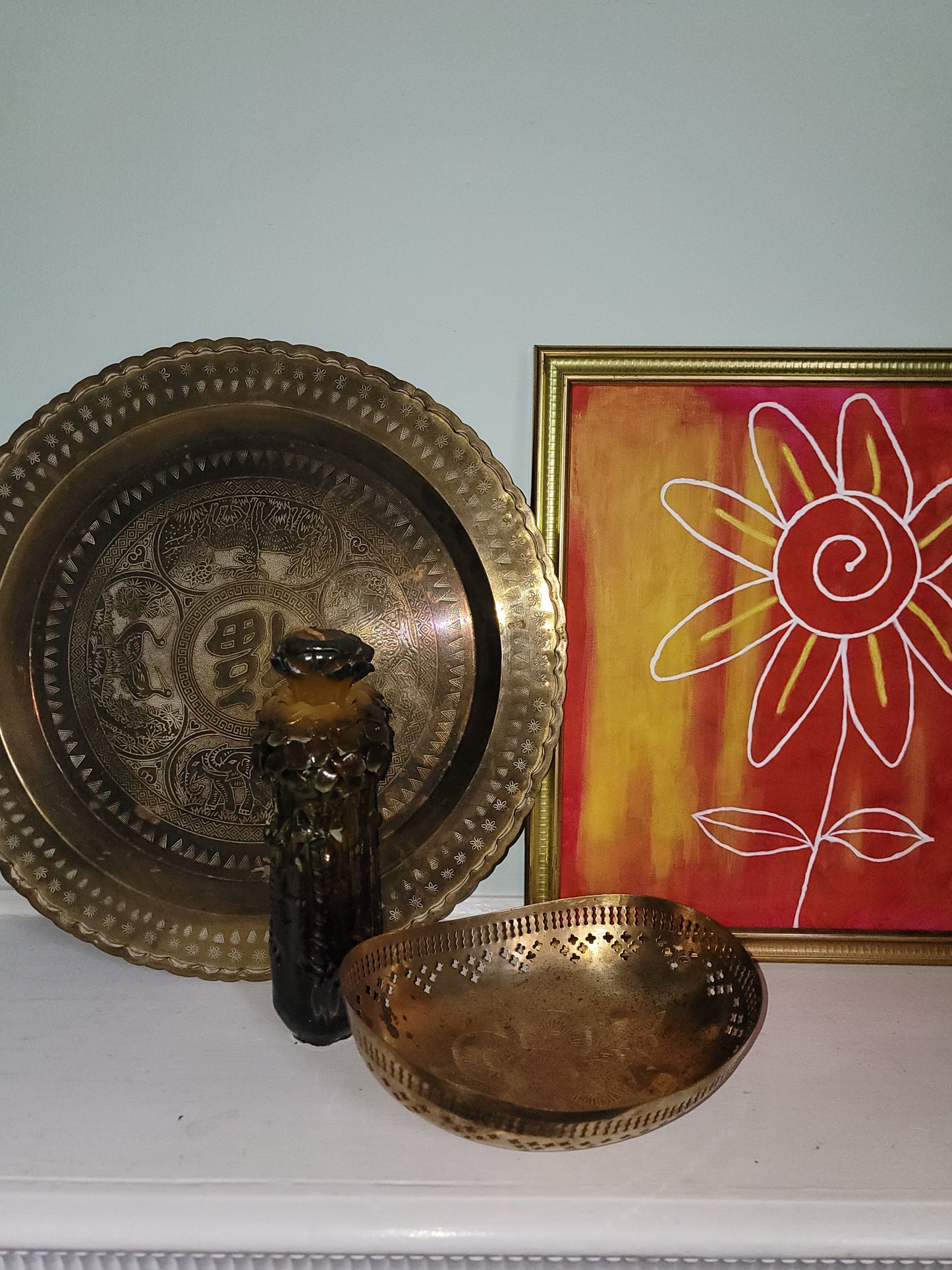 Vintage Large Brass Asian Tray Table Top Wall Hanging Hammered Etched