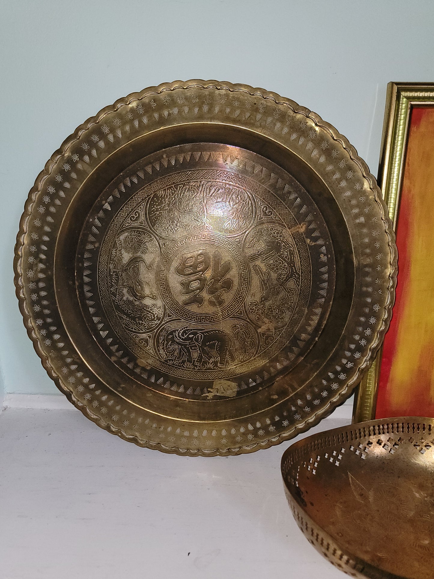 Vintage Large Brass Asian Tray Table Top Wall Hanging Hammered Etched