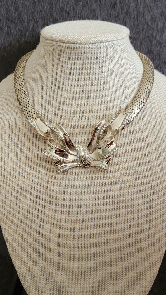 WHITING & DAVIS Gold mesh Bow Statement Necklace Vintage Jeweled