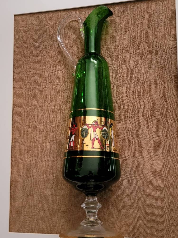 Green Slender Glass Vintage Decanter Vase Egyptian Gold Detail Decor
