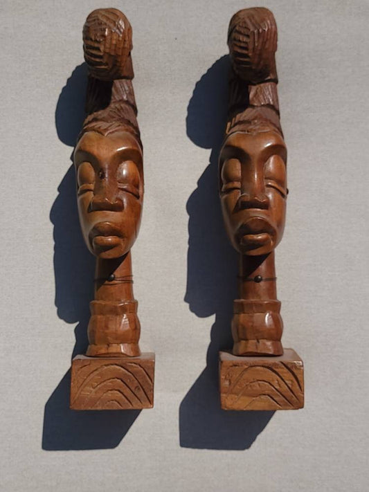 Tribal Wooden Carved Statues African Excellent Detail Pair, Set of two detailed heads Decor