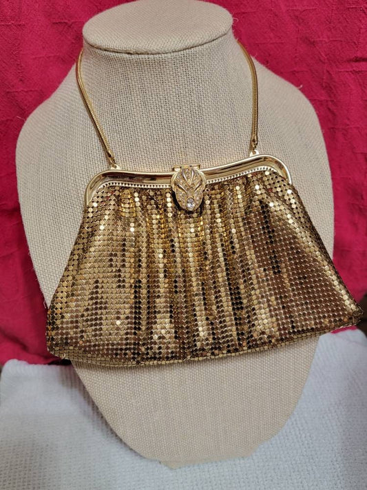 Vintage Whiting and Davis Purse with Gold Mesh Exterior with matching wallet. Gold Shimmer Wedding/Prom Jeweled