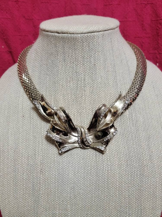 WHITING & DAVIS Gold mesh Bow Statement Necklace Vintage Jeweled