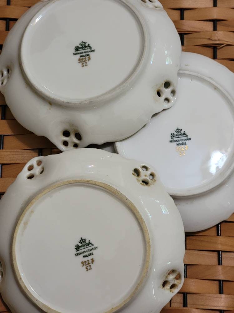 Rosenthal Pierced Floral Dishes Four Plates Servingware China Porcelain Bon Bon Plate Rosebub and greenery with gold trim Decor