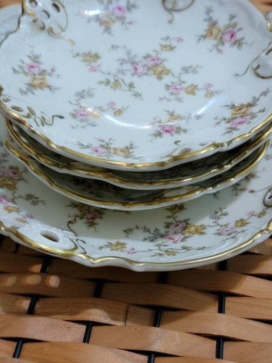 Rosenthal Pierced Floral Dishes Four Plates Servingware China Porcelain Bon Bon Plate Rosebub and greenery with gold trim Decor