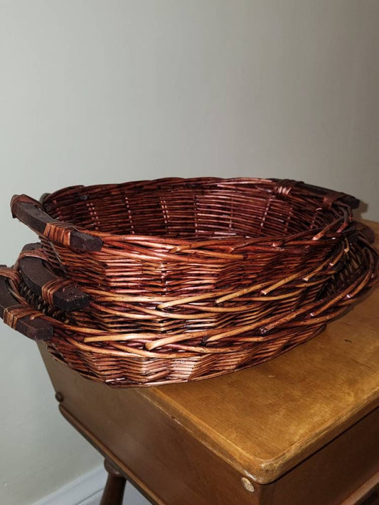 Dark Cherry Vintage Wicker Basket Set, Storage Basket, Vegetable Tray, 3 Nesting Set Decor