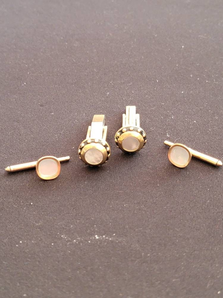 Mother of Pearl Sterling Silver Vintage Cuff Links and Mother of Pearl Spring Back Studs Jeweled