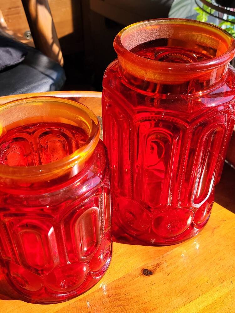 Vintage Red Glass Moon & Stars Canister Set Red Glass Canister Set (No Cover) Moon and Stars Made by Smith Glass 1970s Red Canisters 2 Piece