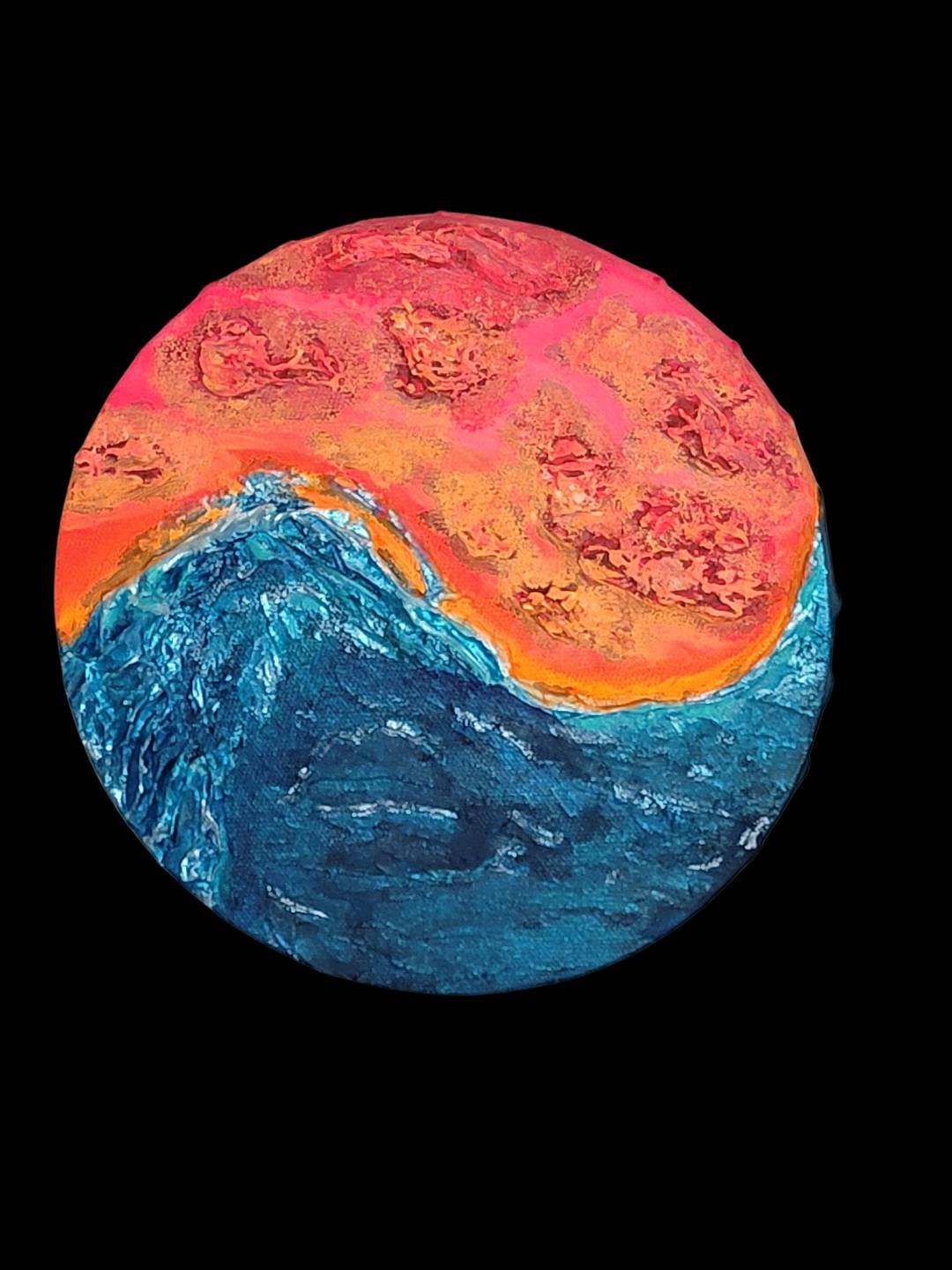 Original Mixed Medium Arcylic on 8" Round Canvas Vibrant Neons Turbulent Ocean Sky Yin Yang