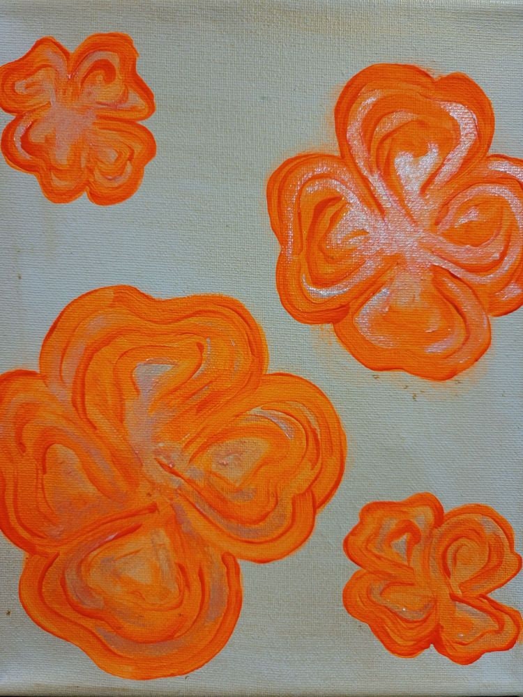 Original Mixed Medium Arcylic on 8"× 10" Canvas Vibrant Neons Glowing Orange Flowers